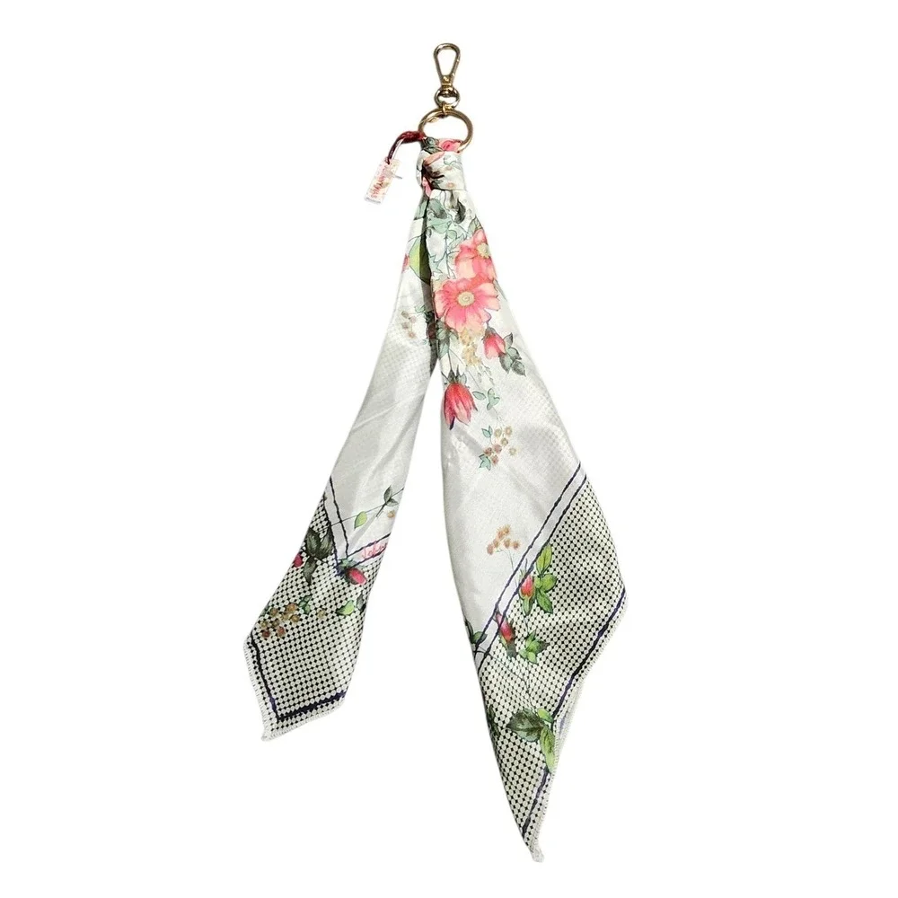 Johnny Was Zoila Silk Scarf Keychain Bag Charm NWT Floral Cream Polka‎ Dot